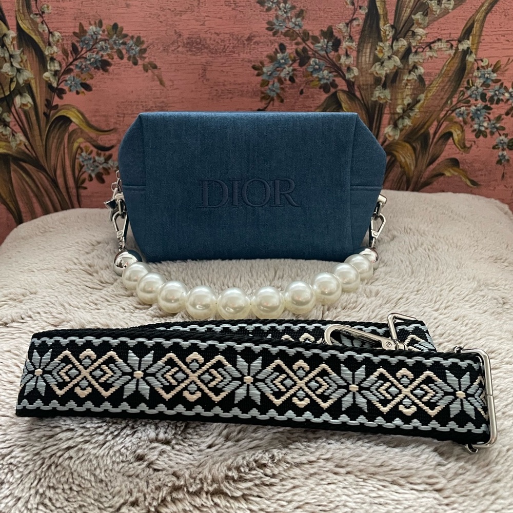 Dior Denim Cosmetic Bag with Pearl Strap and Crossbody Strap